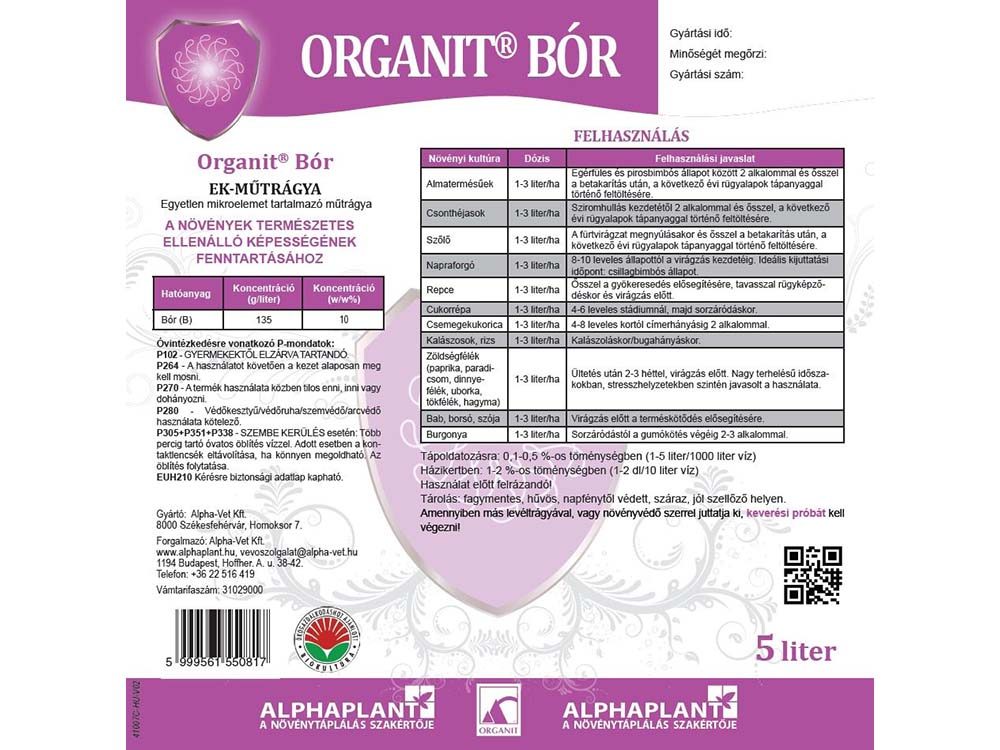 Organit Bór lombtrágya - 5 liter, címke