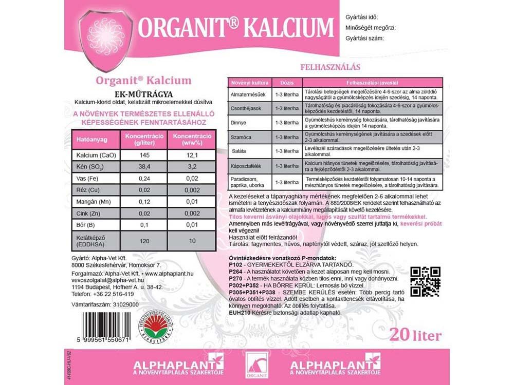 Organit Kalcium lombtrágya - 20 liter, címke